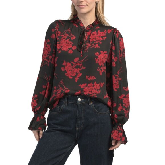 HAVER BLACK/RED Crinkle Floral Top - Picture 1 of 2